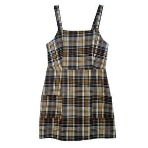 American Eagle‎ Plaid Pinafore Dress Made in Italy Brown Navy Sz M Pockets Mini